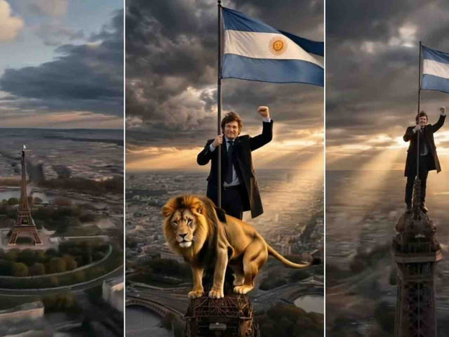 Subido a la torre Eiffel con la bandera argentina y un león: el video con IA que compartió Milei antes de viajar a París